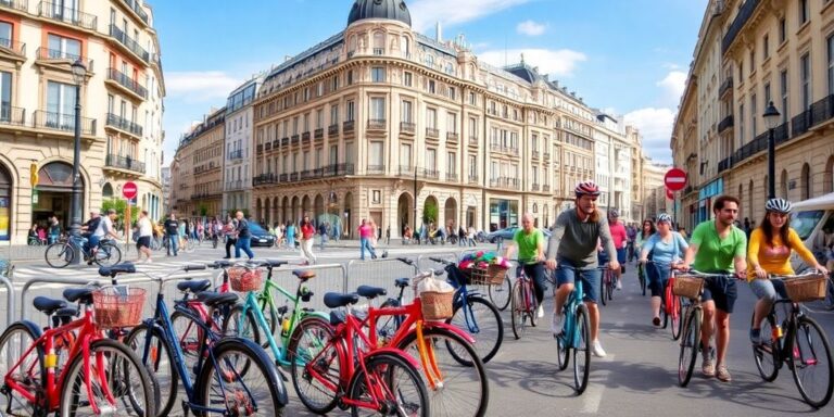 Ciclistas e bicicletas em Madri, capturando a cultura do pedal.