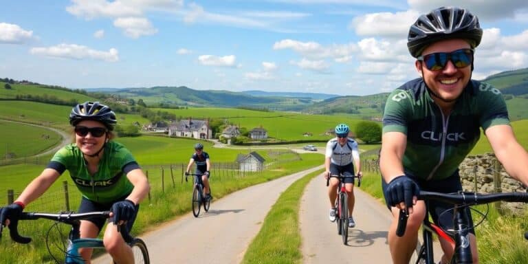 Ciclistas em paisagem rural verdejante do Reino Unido.