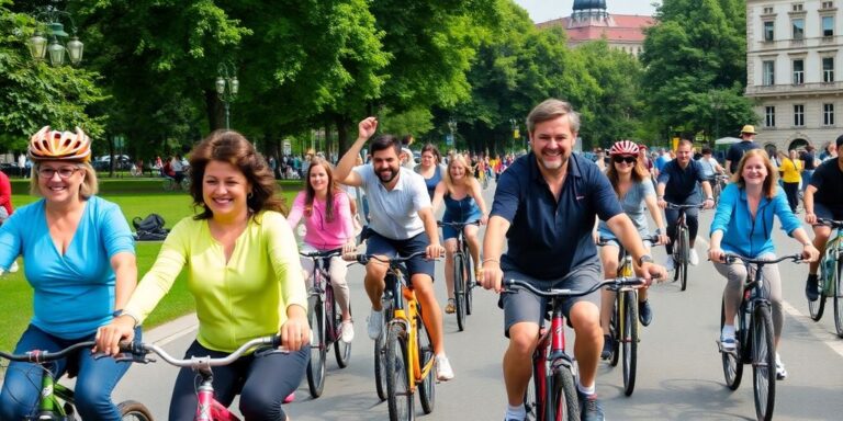 Ciclistas em Berlim, parques verdes e ruas históricas.