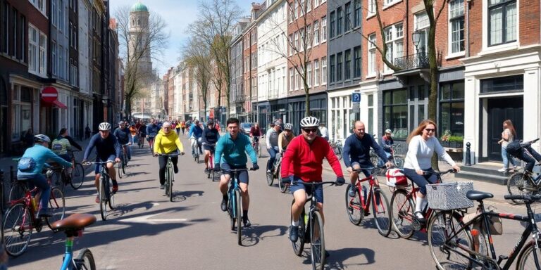Ciclistas em uma rua icônica de Amsterdã.