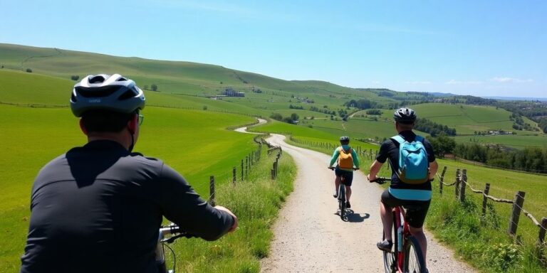 Ciclistas pedalando pelo Caminho de Santiago em paisagem verde.
