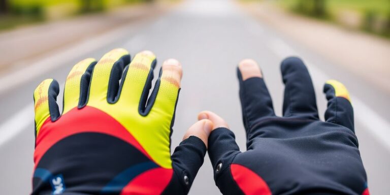 Luvas de ciclismo coloridas e detalhadas sobre fundo desfocado.