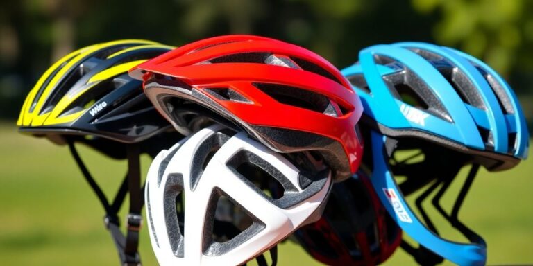 Cinco capacetes de ciclismo em diferentes cores.