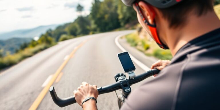Ciclista usando dispositivo de monitoramento moderno.