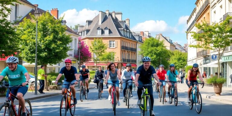 Ciclistas passeando por ruas de uma cidade francesa.