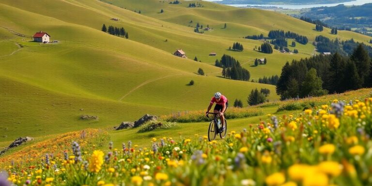 Ciclistas em um campo escandinavo verdejante.