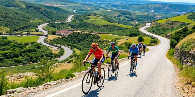 Ciclistas pedalando em paisagens portuguesas deslumbrantes.