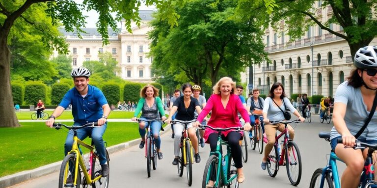 Ciclistas locais e turistas pedalando juntos em Viena.