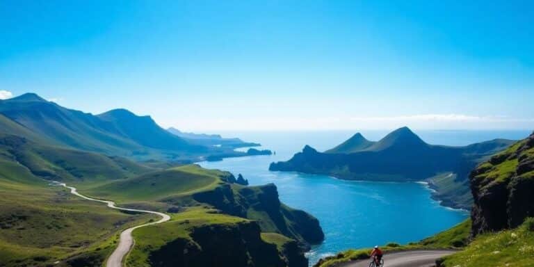 Ciclistas em paisagem vulcânica dos Açores.