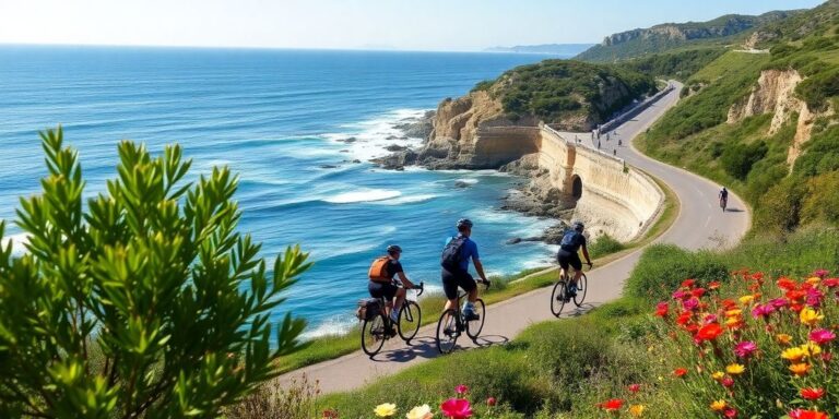 Ciclistas na costa mediterrânea francesa.
