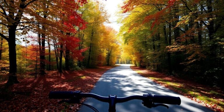 Caminho de bicicleta com folhagens coloridas de outono.