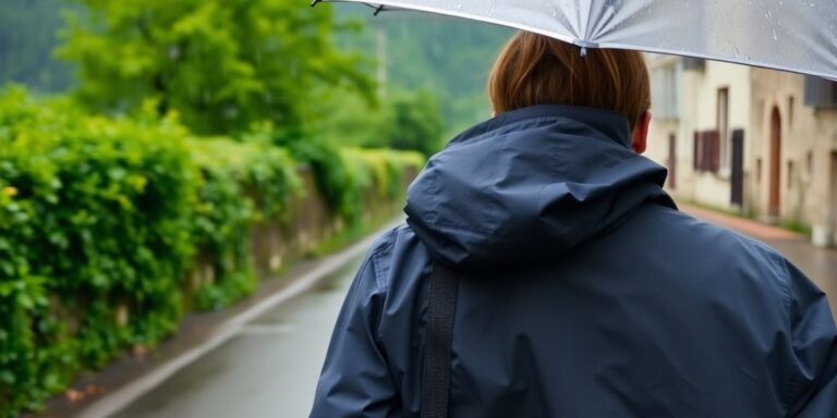Pessoa com roupa de chuva em rota europeia.