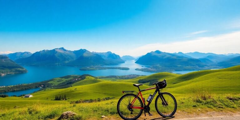 Paisagens da Noruega com bicicletas em um lago.