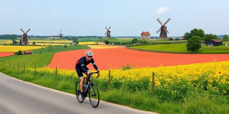 Ciclista na Bélgica pedalando por campos verdes.