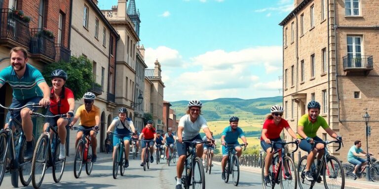 Ciclistas europeus variados em diferentes paisagens e estilos.