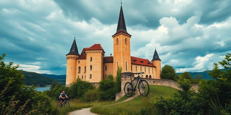 Ciclista passando por um castelo na Europa Oriental.