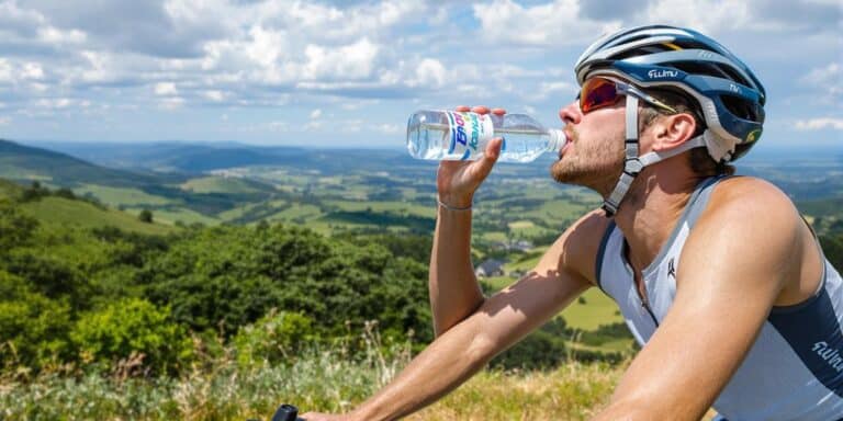 Ciclista bebendo água enquanto pedala em um dia ensolarado.