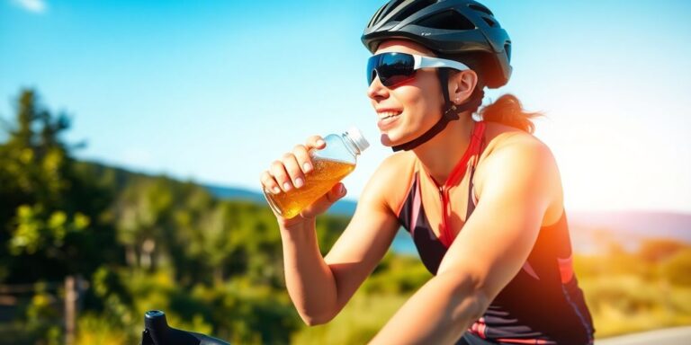 Ciclista bebendo bebida esportiva em ambiente natural.