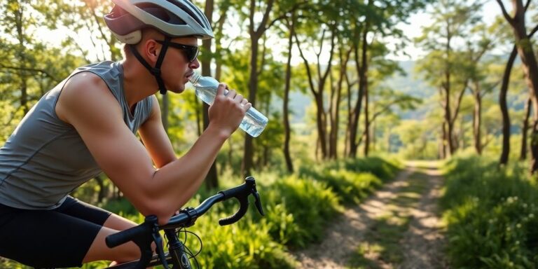 Ciclista bebendo água em trilha verdejante.