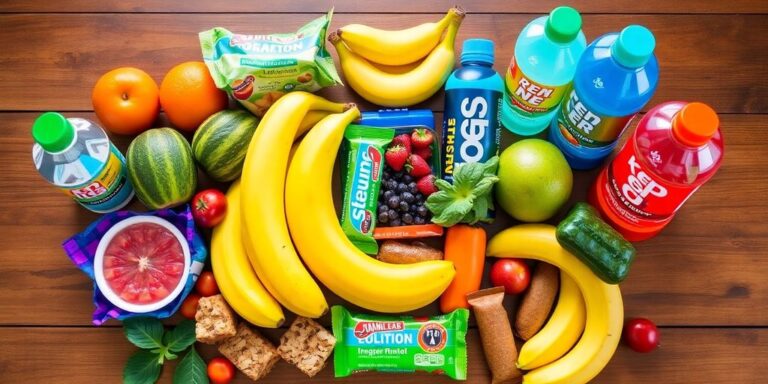 Alimentos saudáveis para ciclistas em uma mesa de madeira.