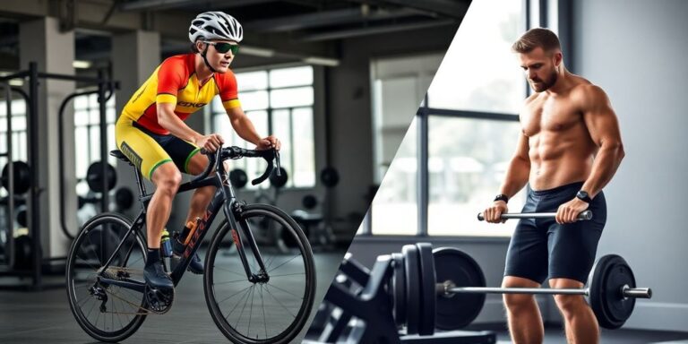 Ciclista e levantador de peso em ambientes distintos.