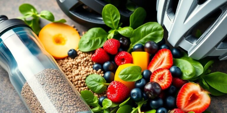 Superalimentos saudáveis com equipamentos de ciclismo.