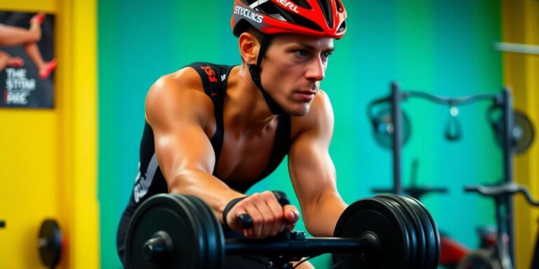 Ciclista treinando com pesos na academia.