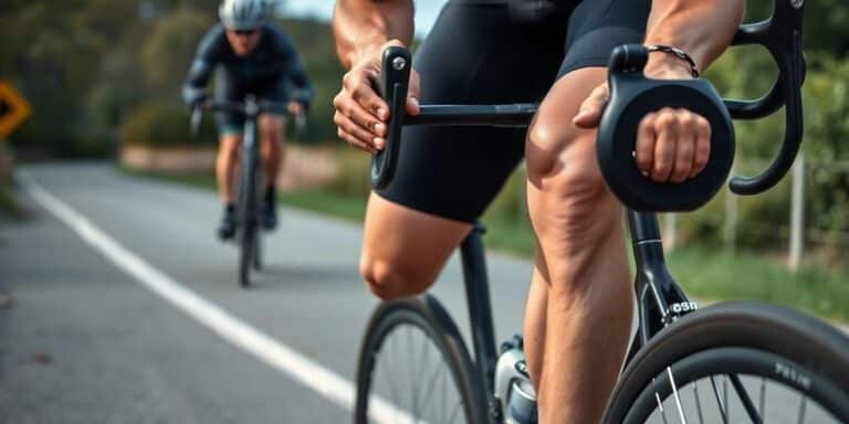 Ciclista treinando força com pesos em trilha ao ar livre.