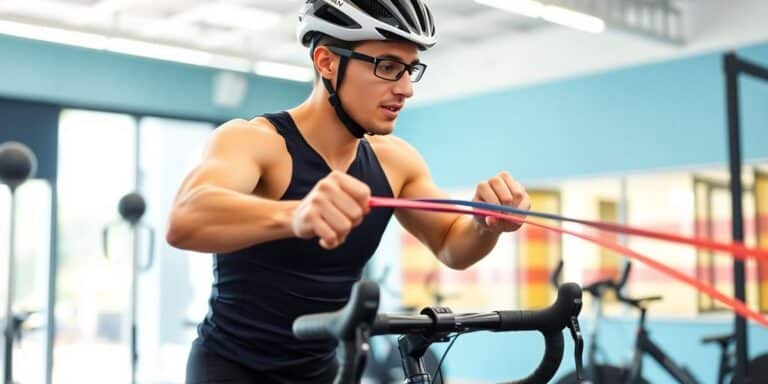 Ciclista iniciante treinando força na academia com pesos.