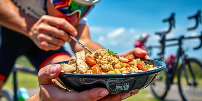Ciclista comendo refeição rica em proteínas.