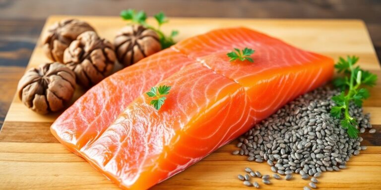 Fontes de ômega-3: salmão, nozes e sementes de chia.