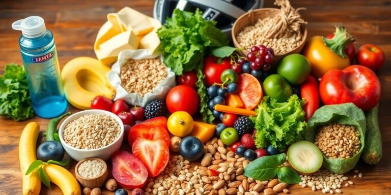 Alimentos saudáveis sobre uma mesa de madeira.