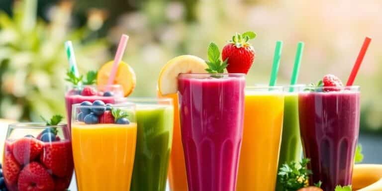Variedade de smoothies energéticos em copos claros.