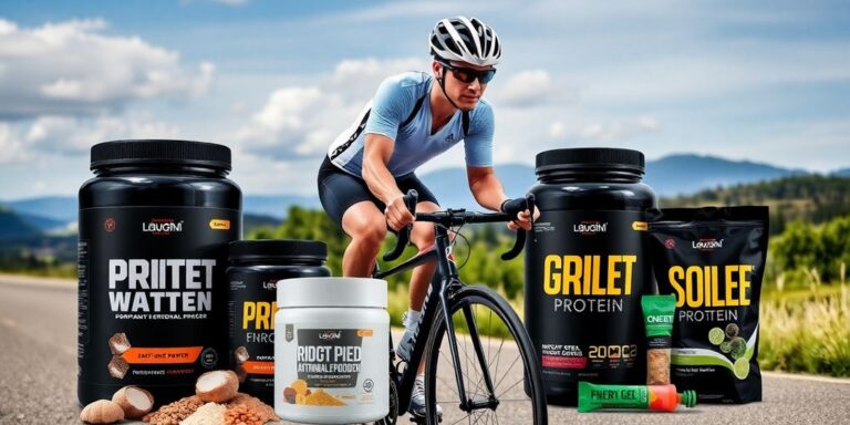 Ciclista em ação com suplementos ao redor.