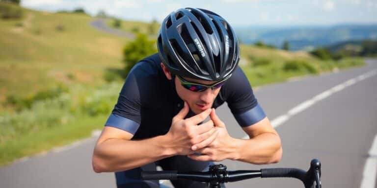 Ciclista com óculos escuros e capacete ajusta a tira do queixo enquanto se concentra nos exercícios para melhorar a técnica de pedal.