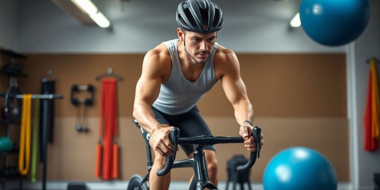 Ciclista treinando força com equipamentos na academia.