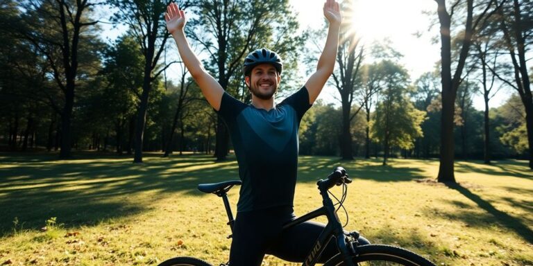 Ciclista praticando yoga ao ar livre, fortalecendo-se.
